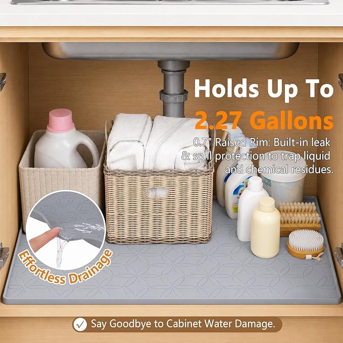 34"x22" Silicone Under Sink Mat Waterproof Cabinet Liner(Gray) | Leak-Proof Silicone Cabinet Protector with Raised Edges, Keeps Kitchen & Bathroom Cabinets Safe from Water Damage