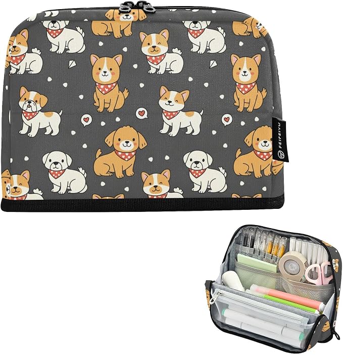 Emelivor Cute Pets Dogs Black Pattern Large Capacity Pencil Case Stand Up Pencil Pouch for School Office Aesthetic Pen Organizer Bag with Pockets Portable Stationery Bag for Teens Adults Kids