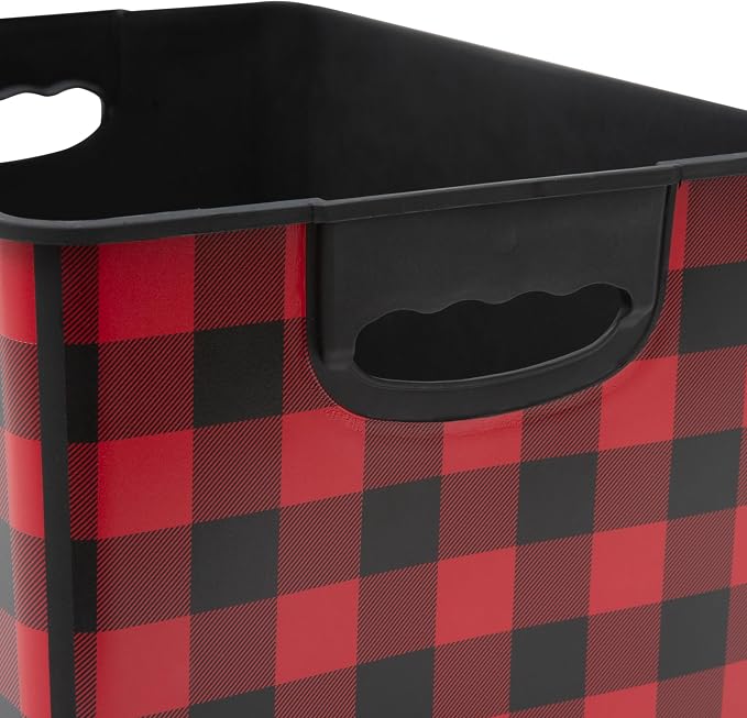 Simplify Checkered Design Storage Bin | Christmas Tote | Holiday Décor Decorations Organizer | Buffalo Plaid Design | Lidded | Stackable | Black and Red