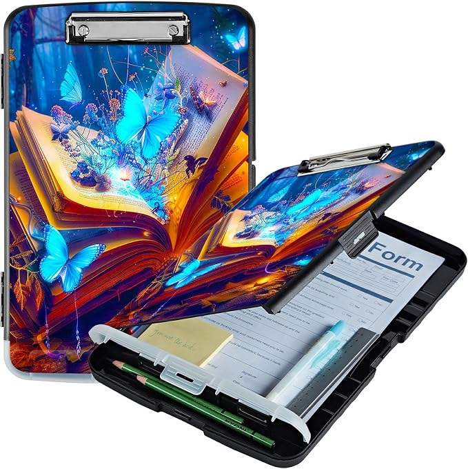 Book Blue Butterfly A4 Clipboard with Storage Pen Holder, Clipboards Organizer Nursing Clipboard Foldable File Folder Plastic Clipboard Folio Clip Board for Office Students Classroom Doctor