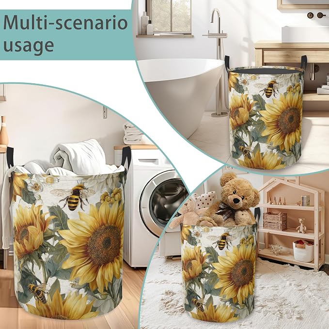 Laundry Hamper Foldable Oxford Cloth Sunflower Bee Laundry Basket With Handle Portable Clothes Storage Organizer Basket Storage Bag For Laundry Room/Bedroom/Bathroom