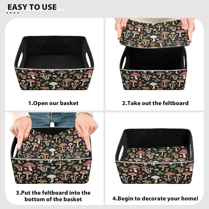 Emelivor Mushrooms Black Storage Basket Bins Set (2pcs) Felt Foldable Storage Bins with Handles Foldable Storage Baskets Boxes for Office Bedroom Closet Babies Nursery DVD Laundry