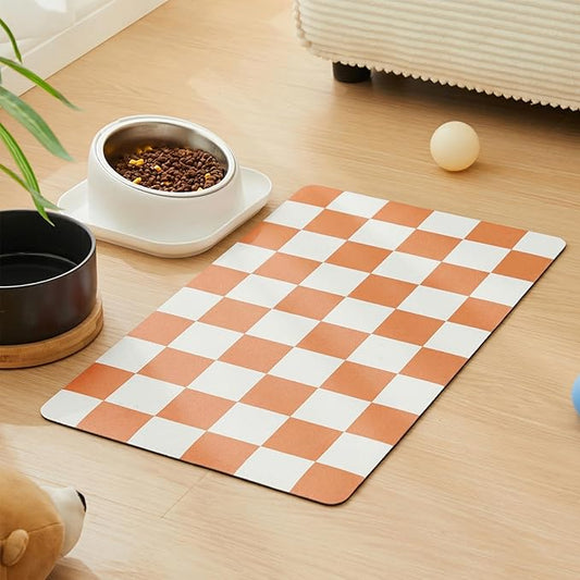 Ralxion Checkered Dog Feeding Mat, Absorbent Mats for Dog Food and Water Bowl, Dispenser, Aesthetic Orange Checkerboard Pet Placemat for Dogs, Cats, Puppy Accessories 16 x 24
