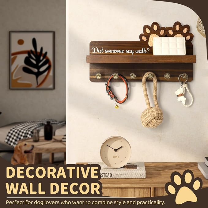 MTERSN Acacia Wood Dog Leash Holder for Wall with Wall Shelf, Dark Brown | 3D Dog Paw Key Holder, Wooden Wall Rack with 6 Key Hooks, Dog Leash Organizer, Rustic Entryway Decor, Perfect Dog Lovers Gift