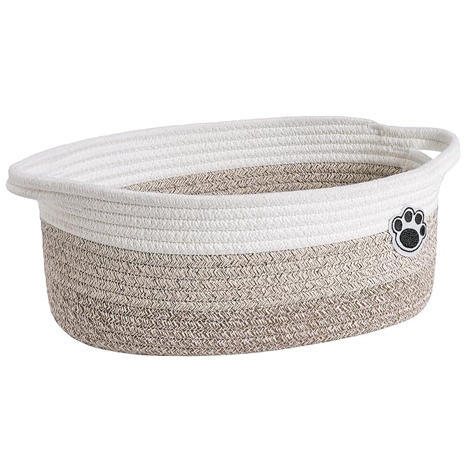 Woven Rope Dog Toy Basket with Paw Print, Mixed Brown | 12"x 8" x 5" Small Dog Toy Bin & Box with Handles, Fits Living Room Bedroom Nursery Organization, Gift Basket Empty for Pets