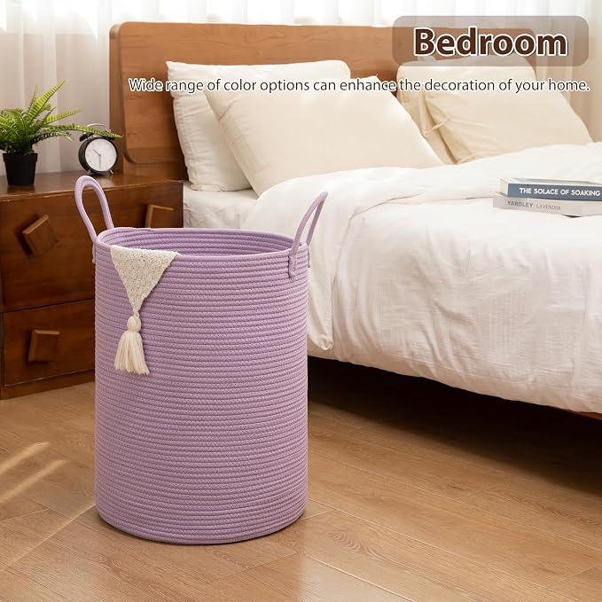 OIAHOMY 60L Nursery Hamper Laundry Basket Laundry Hamper Purple | collapsible Blanket Basket Cotton Rope Woven Basket Dirty Clothes Hamper Baby Hamper Tall Clothes Hamper with Handles