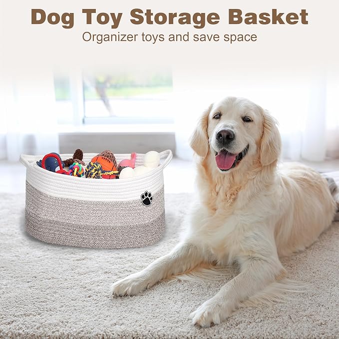Optish 25L Dog Toy Basket,16.5" x 11" x 9" Medium Toy Storage Box and Bin with Handles, Woven Rope Foldable Basket for Blankets, Living Room, Bedroom, Home Decor, White & Brown