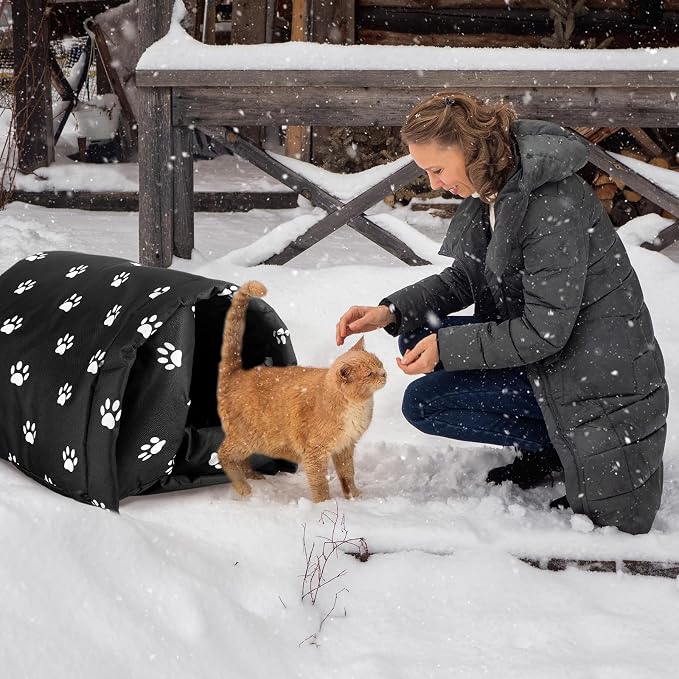 Doublefill 3 Pcs Foldable Cat Houses Paw 21.3 x 16.5 x 14.2 Inches | Weatherproof Waterproof Rainproof, Cotton Padded Interior for Warmth, Tent Design, for Indoor Garden Patio Use