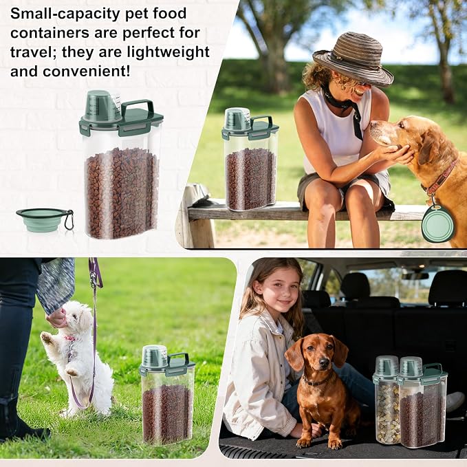 LEAWALK 3-5Lbs/3Qt Dog Cat Food Storage Container With Foldable Bowl, Plastic Pet Food Dispenser for Small Animal Kibble/Pet Food/Bird Seed/Oatmeal/Rice/Flour/Brown Sugart/Cereals (Dark Green)
