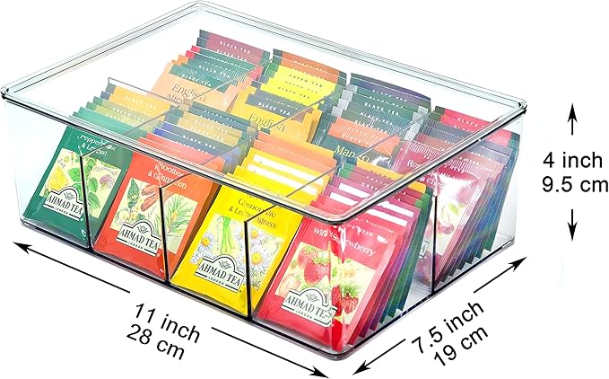 Youngever Large Plastic Tea Packet Organizer with Lids, Reusable Food Packet Storage Container Divided into 8 Compartments, Tea Bags Storage Bin (11" x 7.5" x 4") (Pack of 2)