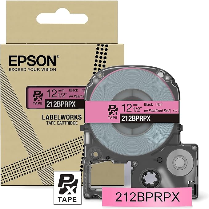 Epson LABELWORKS 212BPRPX Label Tape - Black on Pearl Red - 1/2" (12mm) | Genuine Epson designer craft PET tape for LW-C410PX & C610PX, decorative finish for crafts & decor