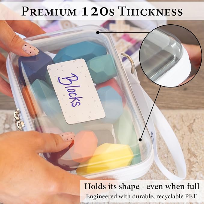 Clear Hard Shell Zipper Case Set (1Large + 2Small), 120s Thick PET Plastic Storage Bags, Dual Zipper Travel Organizer with Star Charms, Removable Strap, Removable Labels & 2 Markers