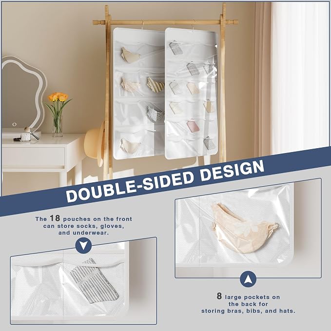 26-Pocket Hanging Closet Organizer for Socks and Underwear, White | Non-woven clear compartments keep bras & leggings visible; swivel hook fits wardrobe, closet rod, wall, door or shelves.