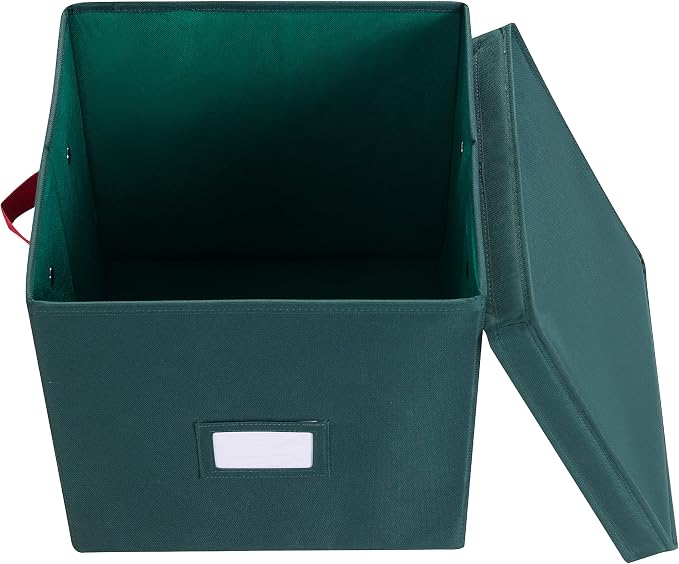 Elf Stor Christmas Ornament Storage Box, Green, 12” x 12” x 12” | Durable Holiday Organizer Cube with 64 Compartment Dividers, Riveted Handles, and Lid