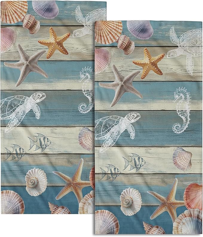 Giwawa Coastal Starfish Hand Towels Set of 2 Summer Sea Turtle Decorative Bath Towels Guest Soft Fingertip Towels for Bathroom Kitchen Hotel Gym
