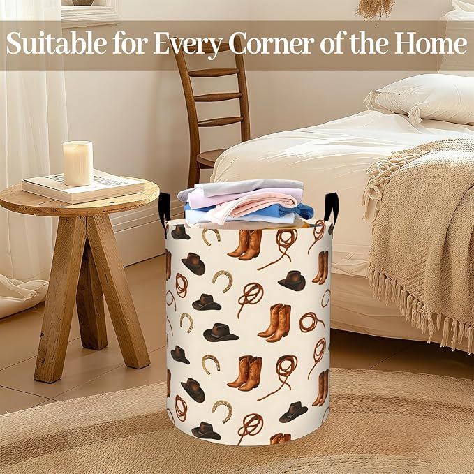 Western Cowboy Laundry Basket, Boot Hat and Rope Foldable Oxford Cloth, Waterproof Dirty Clothes Hamper with Handles, Clothing Storage Bin Toy Organizer for Bedroom Dorm Bathroom, 19.7"x15.7"
