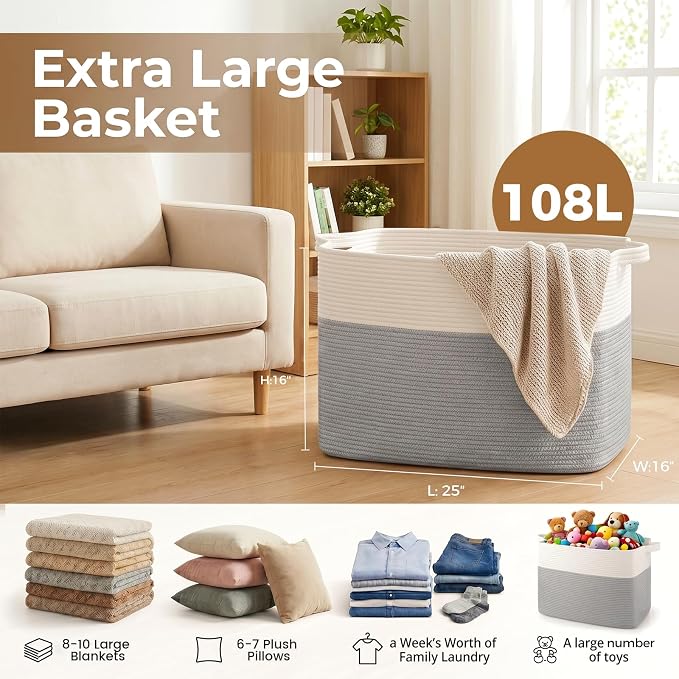 OIASKET 108L Cotton Rope Storage Basket for Living Room and Bedroom 25"x16"x16" Woven Laundry Basket, Heavy Duty Bin for Blankets, Pillows & Toys, Pet-Safe & Scratch-Free, Grey and White
