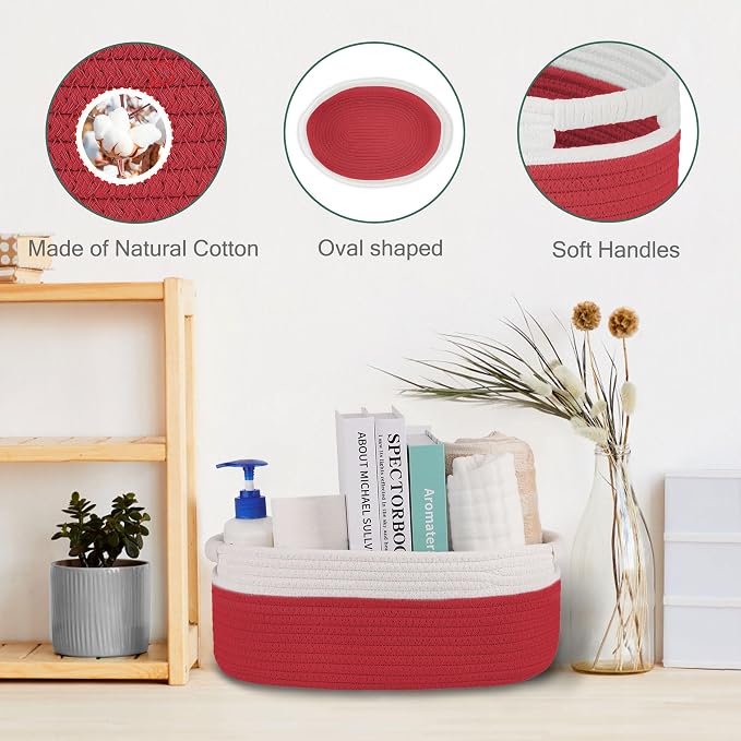 Small Woven Gift Basket with Bag & Ribbons, Red | Cotton Rope, 13”x 9”x 5.5”, Fits for Kids, Women & Men, Bedroom, Living Room, Nursery & Bathroom Storage, Cat & Dog Toy Boxes