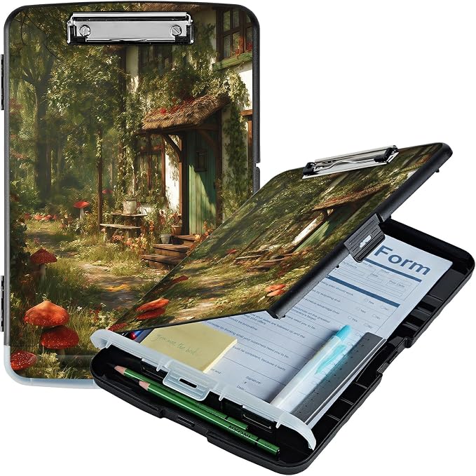 A4 Clipboard with Storage Pen Holder, Clipboards Organizer Nursing Clipboard Foldable File Folder Plastic Clipboard Folio Clip Board for Office Work Classroom Doctor, Red Mushroom Village
