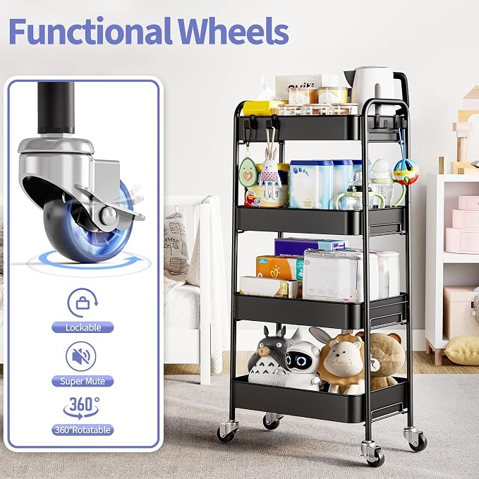 TOOLF 4 Tier Metal Rolling Cart, Utility Storage Cart with Wheels, Black | Screwless Assembly, Lockable Metal Wheels, Trolley Organizer for Bathroom, Kitchen, Office, Dorm, Laundry, Craft Room