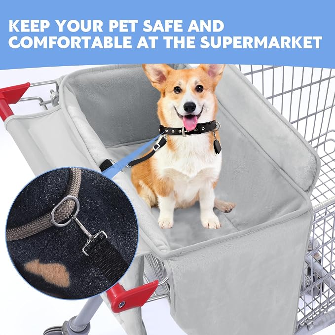 Soft Velvet Shopping Cart Cover for Dogs, Plush Pets Grocery Cart Cover with Safety Ropes, Portable and Easy-on Stretch Design for Shopping Carts with Carry Bag(Gray)