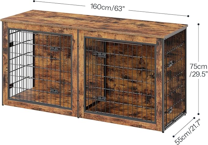 HOOBRO Dog Crate Furniture for 2 Dogs, 63" Large Double Dog Crate Furniture with Divider, Wooden Indoor Kennel TV Stand for Medium Large Dogs, Rustic Brown BF55GW03