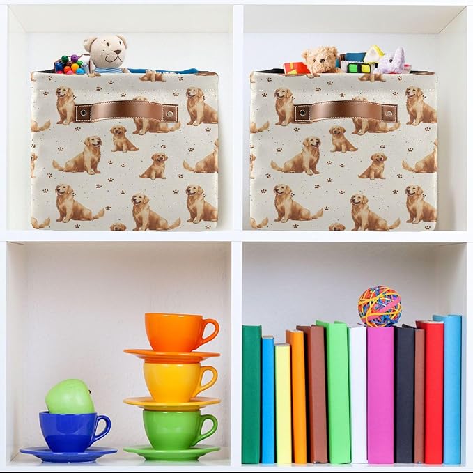 Wamika Golden Retriever Dog Storage Basket Fabric Pet Toys Baskets Cute Puppy Dogs Open Home Storage Bins Boxes Foldable Organizer Bag for Pet Bathroom Shelf Closet Baskets 16×12×8 Inches