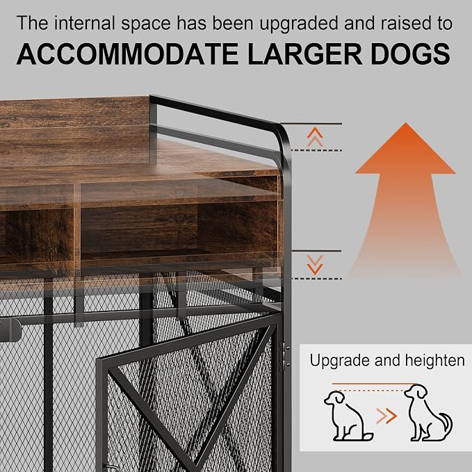 Fulhope Dog Crate Furniture, 48" Heavy Duty Wooden Dog Crate End Table, XL Dog Kennel Furniture Large Breed, Decorative Dog Kennel Indoor with 3 Drawers & Steel Tubes 48" L x28 W x38 H (Rustic Brown)