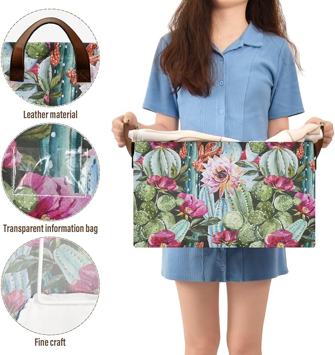 Cactus Floral Tropical Plant Storage Bins for Shelves with Labels&Handles Fabric Organizer Bin Foldable Rectangle Storage Basket Boxes for Closet, Bathroom, Home, Living Room