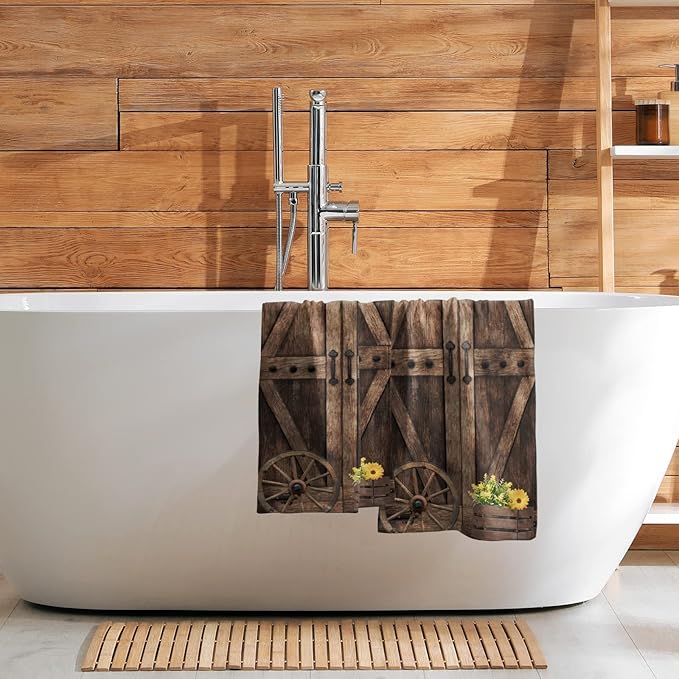 Giwawa Rustic Barn Door Hand Towels Set of 2 Brown Wood Fingertip Towels Soft Absorbent Towels for Bathroom Kitchen Yoga Gym Decorative