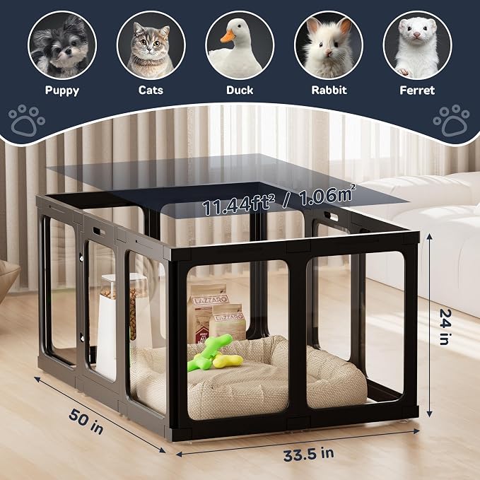 Jalove 24“ H Acrylic Dog Playpen Indoor, Relieves Pet Anxiety | Ideal for Small Dogs,Plastic Pet Playpen with Door, Clear Pet Play Pen for Puppy Rabbit, Easy Assemble Dog Pen, Black 10 PCS