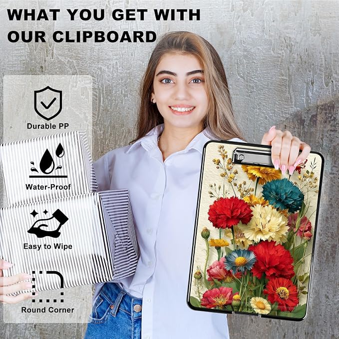 Heavy Duty Storage Clipboard, Slim Nursing Clipboard with Internal Pen Case, Portable File Organizer Case for A4 Letter Size Paper Office Medical Professionals, Pink Yellow Flowers