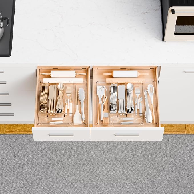 Acrylic Clear Expandable Kitchen Utensil Drawer Organizer and Silverware Organizer,BPA FREE Adjustable Silverware Tray for Drawer Cutlery,Spatula,Tools,Flatware Organizers,Fork and Spoon Holder