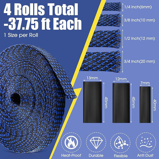 Tatuo 151 ft Braided Cable Sleeve Expandable Wire Sheathing(Blue, Black) | with 120 Heat Shrink Tubing 1/4 in 2/5 in 1/2 in 3/4 in Wire Sleeve Cord Management for Television Audio Computer Video Pets