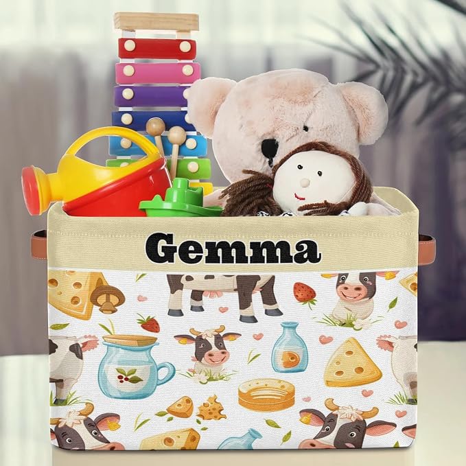 Custom Storage Basket, Personalized Name Rectangle Organizer Bin Cartoon Cow Cheese Milk for Pet/Children Toys, Books, Clothes, Perfect for Rooms/Playroom