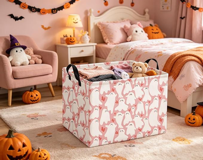 Halloween Basket Cute Baskets for Kids Pumpkin Basket Rectangular Storage Bin Organizer Box Room Decor(Pink Cute Ghost)