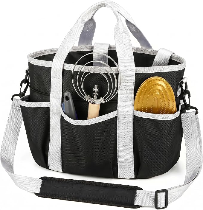 Horse Grooming Tote Bag with 6 Pockets & Drawstring Closure, Portable Grooming Bag for Horses, Waterproof Tack Bag with Shoulder Strap for Horse Grooming Supplies, Equestrian Grooming Kit Organizer