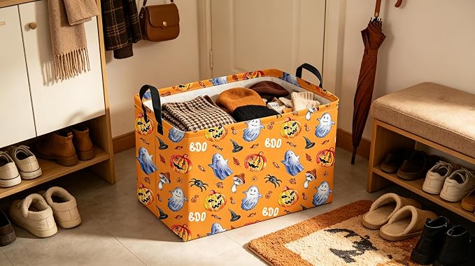 Sanjiaofeng Rectangular Halloween Horror Ghost Storage Basket,Terrifying and Thrilling Party Basket,Halloween Candy Storage Baskets with Handles(Scary Pumpkin)