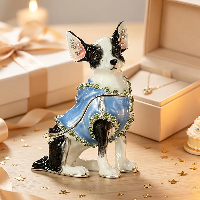 Hand Painted Enamel Chihuahua Trinket Box, Hinged Metal Vintage Jewelry Treasure Organizer