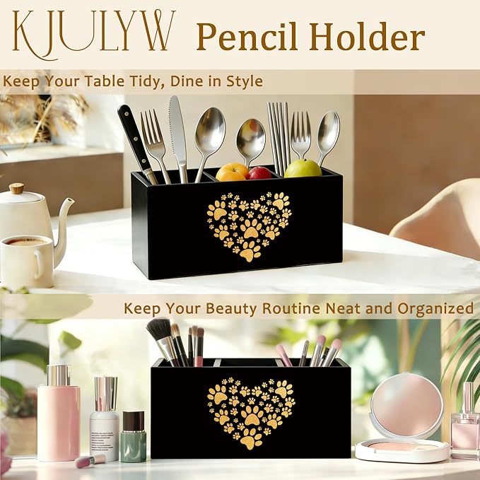 Pet Paw Print Pen Holder for Desk, Pet Lover Owner Gifts, Golden Animal Paw Print Heart Wooden Box Pencil Pen Holder Organizer for Home Office Desk Accessories