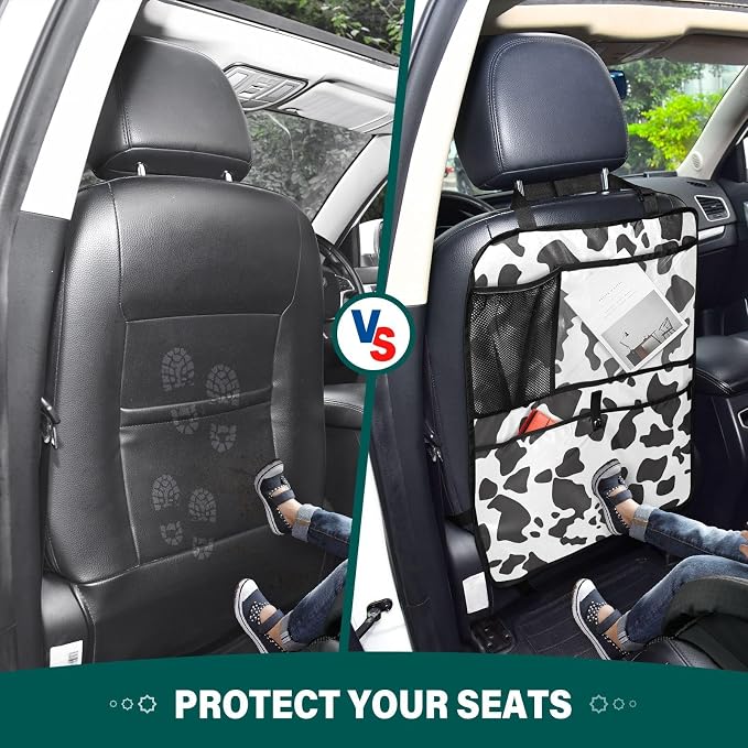 JIPONI Car Backseat Organizer, Cow Print 3 Automotive Back Seat Protector, Kick Mats with Storage Pockets for Kids Pets, Road Trip Accessories (2 Pack) | Automotive Back Seat Protector, Kick Mats with Storage Pockets, For Kids Pets, Road Trip Accessories