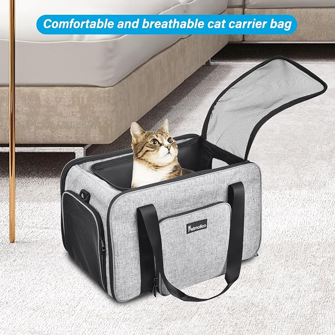 Petmolico Cat Carrier Soft-Sided Airline Approved, Medium, Grey-X863 | For small/medium cats & puppies up to 16 lbs, 3 open doors, travel-friendly pet bag