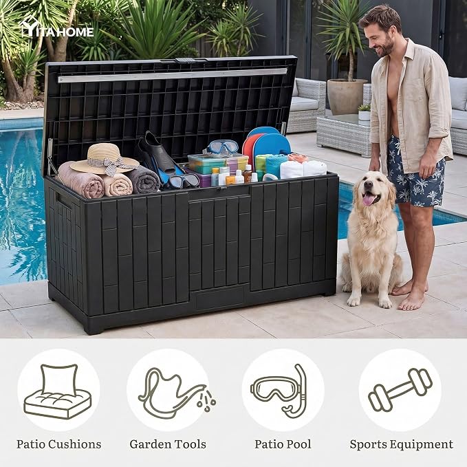 YITAHOME Large Deck Box 120 Gallon Resin Outdoor Storage Box | Patio Storage Bin and Bench Seat for Outdoor Pillows, Garden Tools and Pool Supplies, Waterproof Lockable, Black