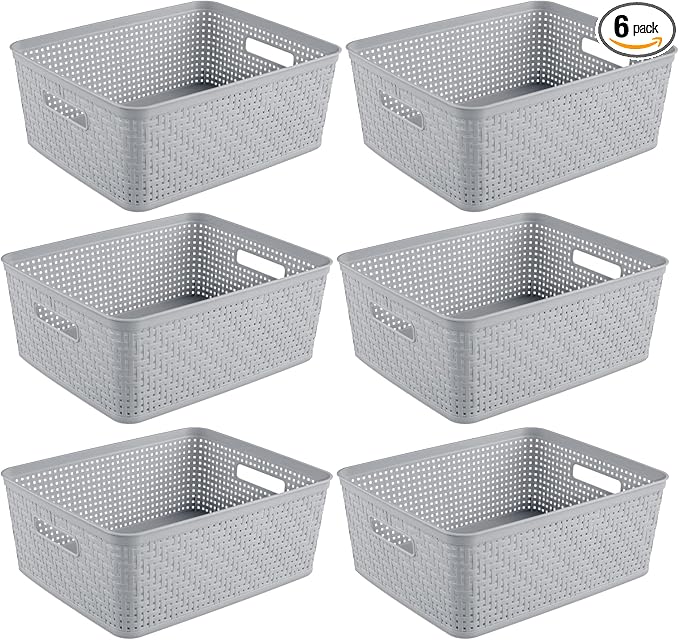 Sterilite 6-Pack Short Basket, Woven Plastic Storage Baskets for Organization, Cement - Organizing Bin Containers with Handles for Bedroom, Bathroom, Dorm, and Closet