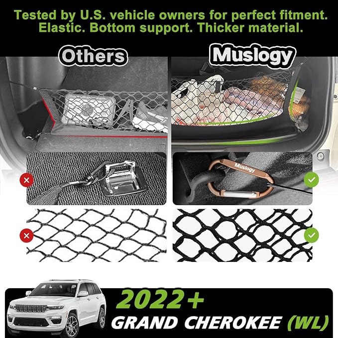 Muslogy Cargo Net for 2022-2025 2026 Jeep Grand Cherokee WL (2-Row) | Custom Fit, Trunk Storage Organizer Net for SUV Sedan Van Divider, with Heavy Duty Carabiners, Night Visible Grab Handle