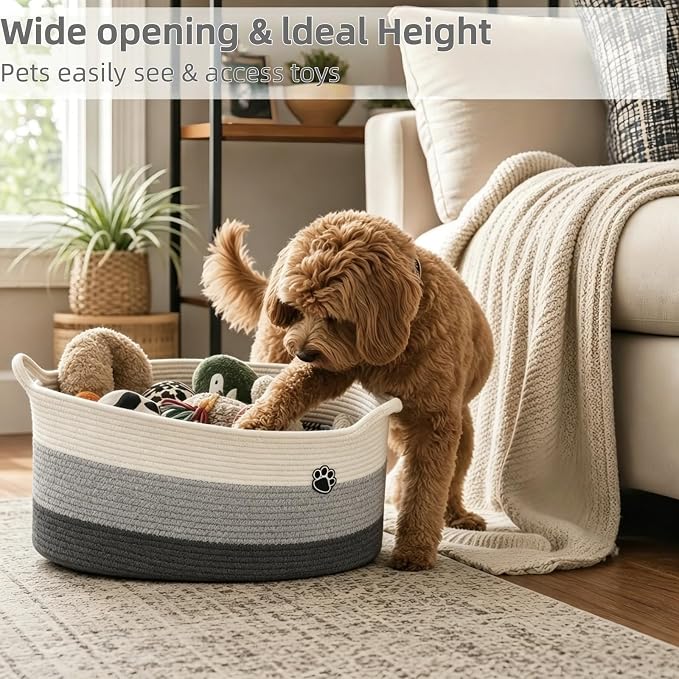 Optish 40L Extra Large Dog Toy Basket, 20" x 14" x 9" XL Toy Storage Box and Bin with Handles, Woven Cotton Rope Foldable Basket for Blankets, Living Room, Bedroom, Home Decor, White & Grey