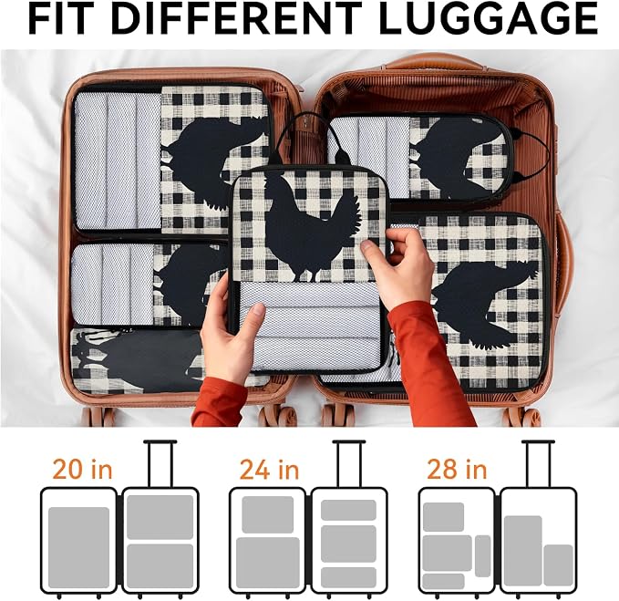 Chicken Hen 6 Set Compression Packing Cubes Buffalo Check Plaid Expandable Packing Organizer for Travel Accessories Luggage Suitcase Bag
