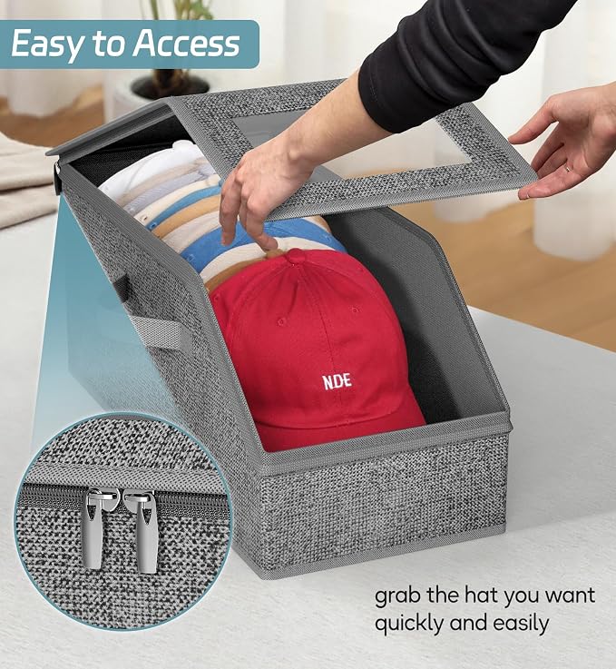 AOODA 2 PCS Stackable Hat Storage for Baseball Caps, Holds up to 24 Caps Cap Organizer for Closet, Sturdy Hat Boxes for Men with Cardboard, Slate Grey
