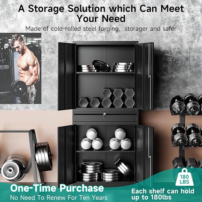 Metal Garage Storage Cabinet with Drawer and Lock,Black Metal Storage Cabinet with Locking Doors and Adjustable Shelves,71" Tall Large Steel Tool Cabinets for Home,Office,Garage,Shop
