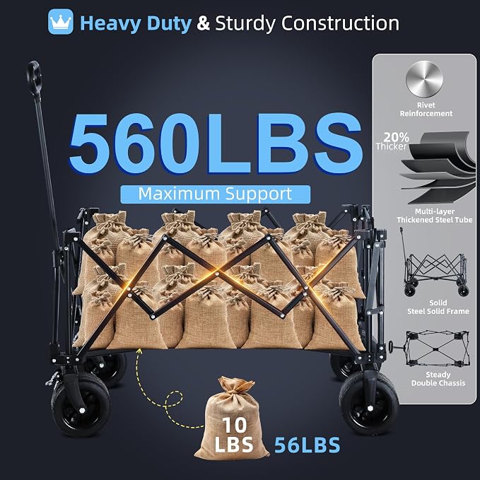 50" Extra Long Folding Wagon Cart, Heavy Duty Wagon with 400 lbs Capacity | 360L Large Storage Space for Everyday Hauling